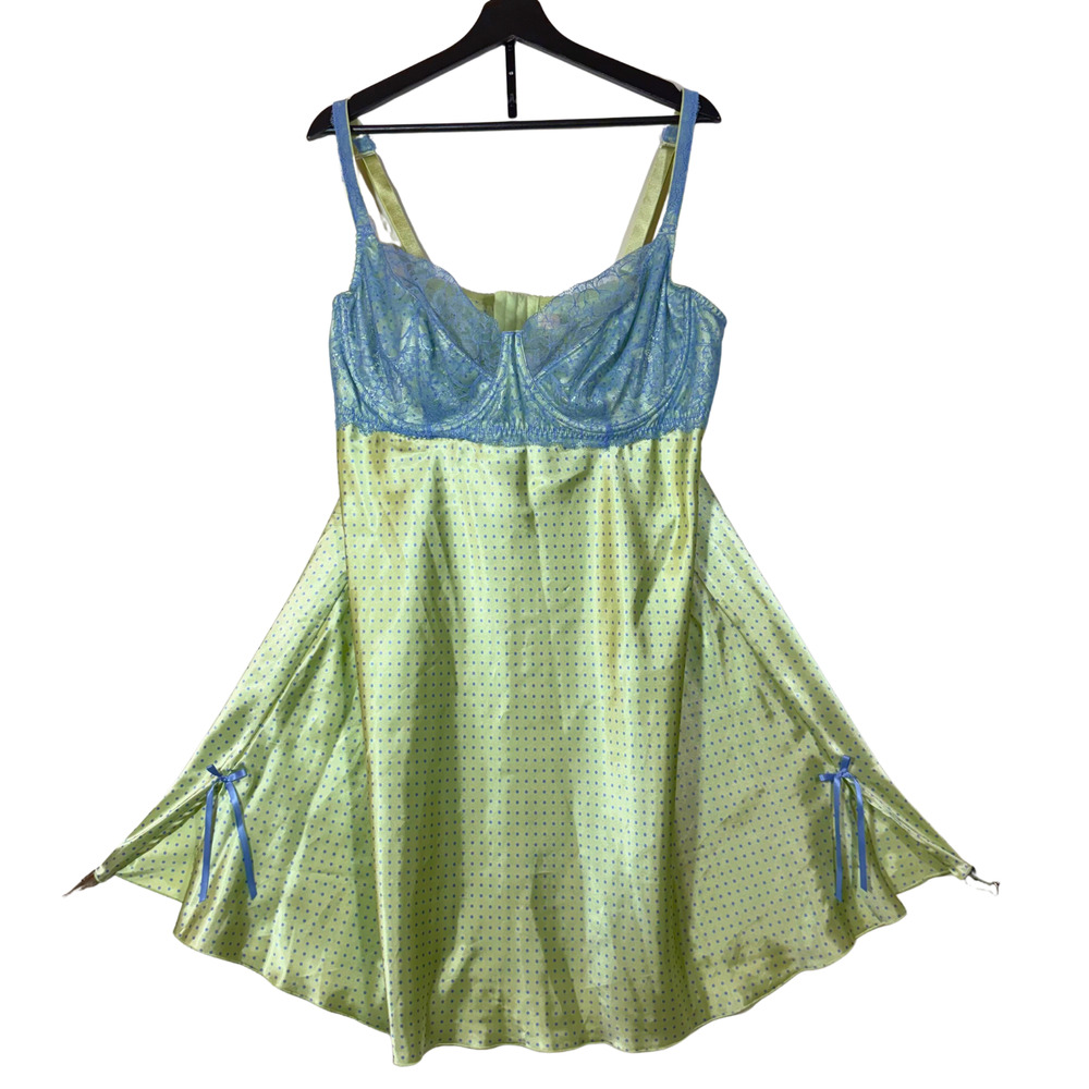 Polka Dot Satin Gown Slip Dress 22/24 Cacique Babydoll Lace Trim Green Blue